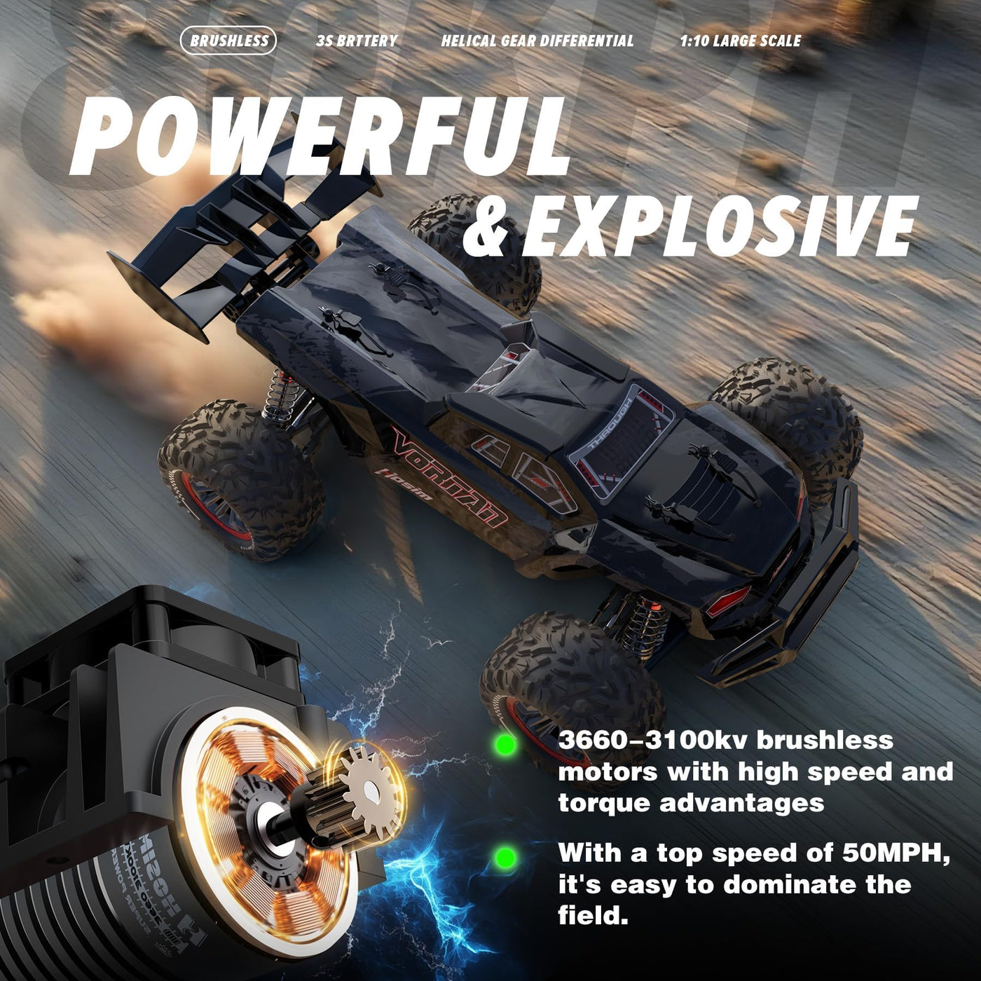 Hosim 1/8 Brushless Ferngesteuertes Auto 80 km/h, 3S Lipo 11.1V 2600mAh RTR RC Auto Offroad 4wd, RC Car Schnell Erwachsene Wasserdicht RC Monstertruck