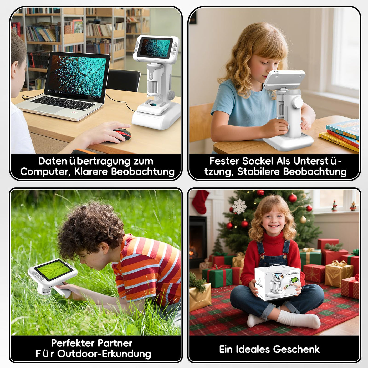 Charmofun Mikroskop für Kinder, Digitales Mikroskop mit 4 Zoll LCD-Display und 1600X Große Vergrößerung, Microscope for Kids mit 64GB Speicherkarte, Foto-und Videoaufnahme, Hand-und Stativfunktion