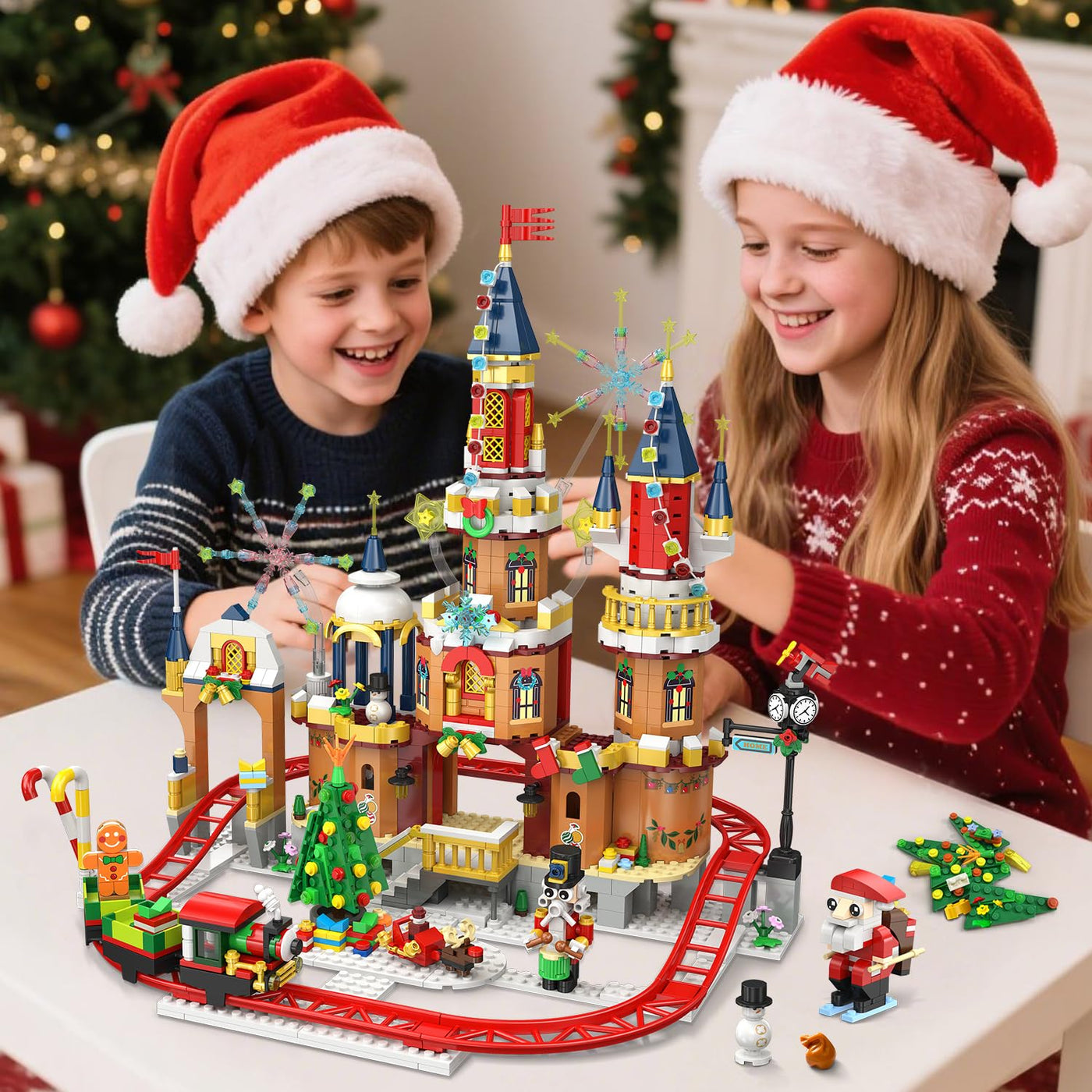 CUBIMANA Weihnachtsschloss-Achterbahn-Bausatz mit Lichtern – 2025 Schlossdorf-Achterbahn-Bausteine Haus Weihnachtsbaum Zug Weihnachtsmann-Spielset Geschenk Erwachsene Kinder Jungen Mädchen(1232Teile)