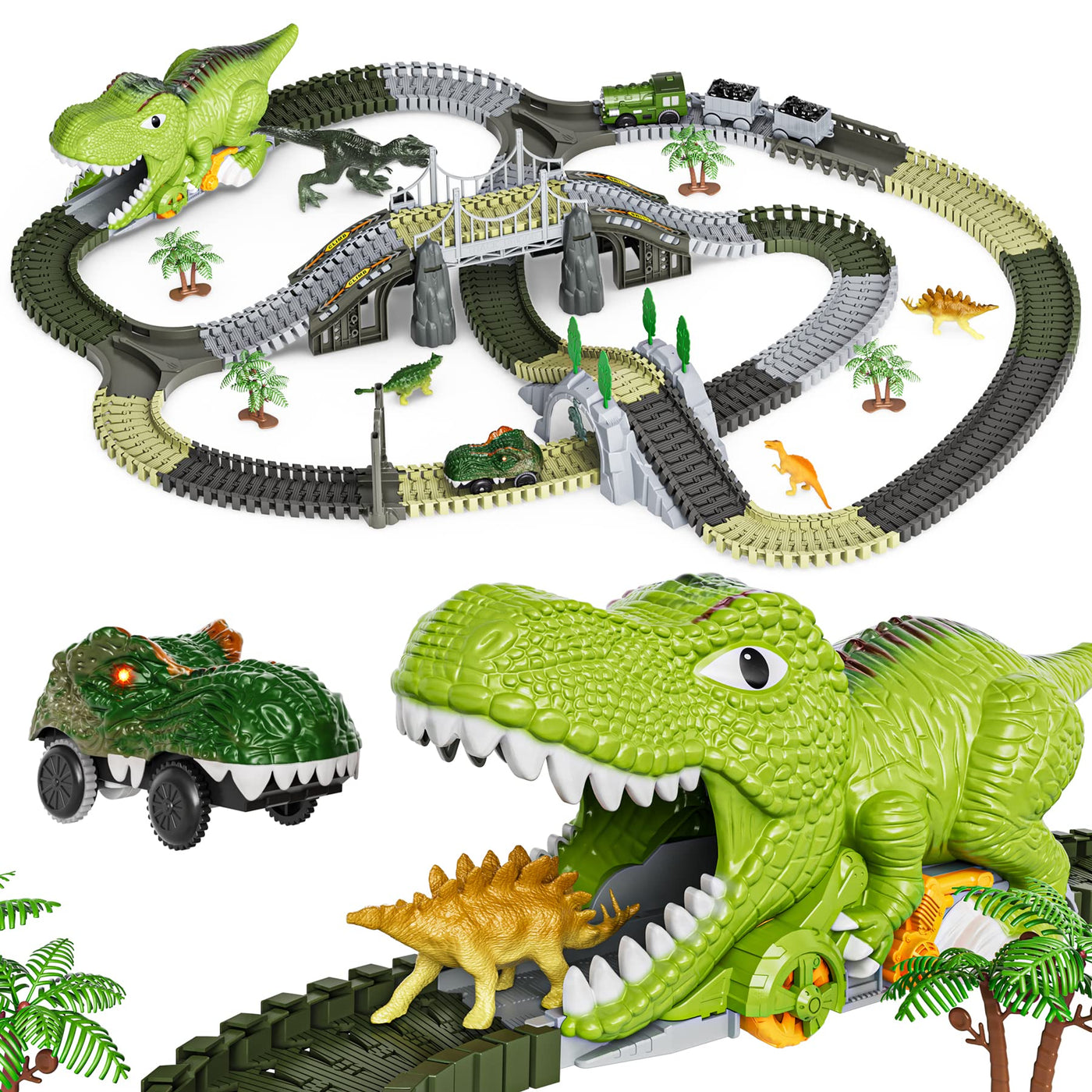 TUMAMA KIDS Dinosaurier Spielzeug Rennstrecke,281 Stück Dinosaurier Zug Spielzeug für Kinder 3 4 5 6,Flexible Eisenbahnschienen mit 4 Dinosauriern,2 Elektrische Rennwagen mit Lichtern