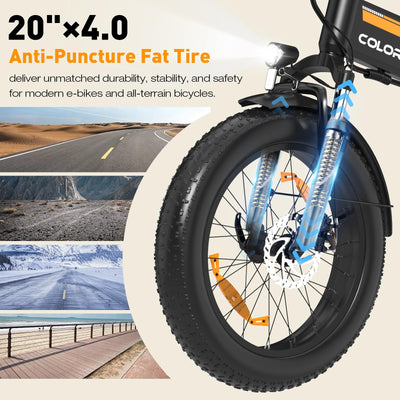 COLORWAY BK10 Elektrofahrrad Klappfahrrad 20×4.0 Zoll Breitreifen Fatbike, 250W Motor, 36V 12Ah Akku,7-Gang, Pedelec Klapprad für Damen Herren, Faltbares E-Bike für Stadt & Gelände
