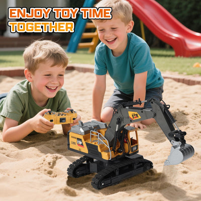QiquBox RC Ferngesteuerter Bagger Spielzeug für ab 3 4 5 6 7 8 9 Jahren Junge - Bagger Spielzeugautos Metall Schaufel mit Spray Licht Ton, 680° Drehung Ferngesteuertes Auto für Jungen Geschenk Kinder