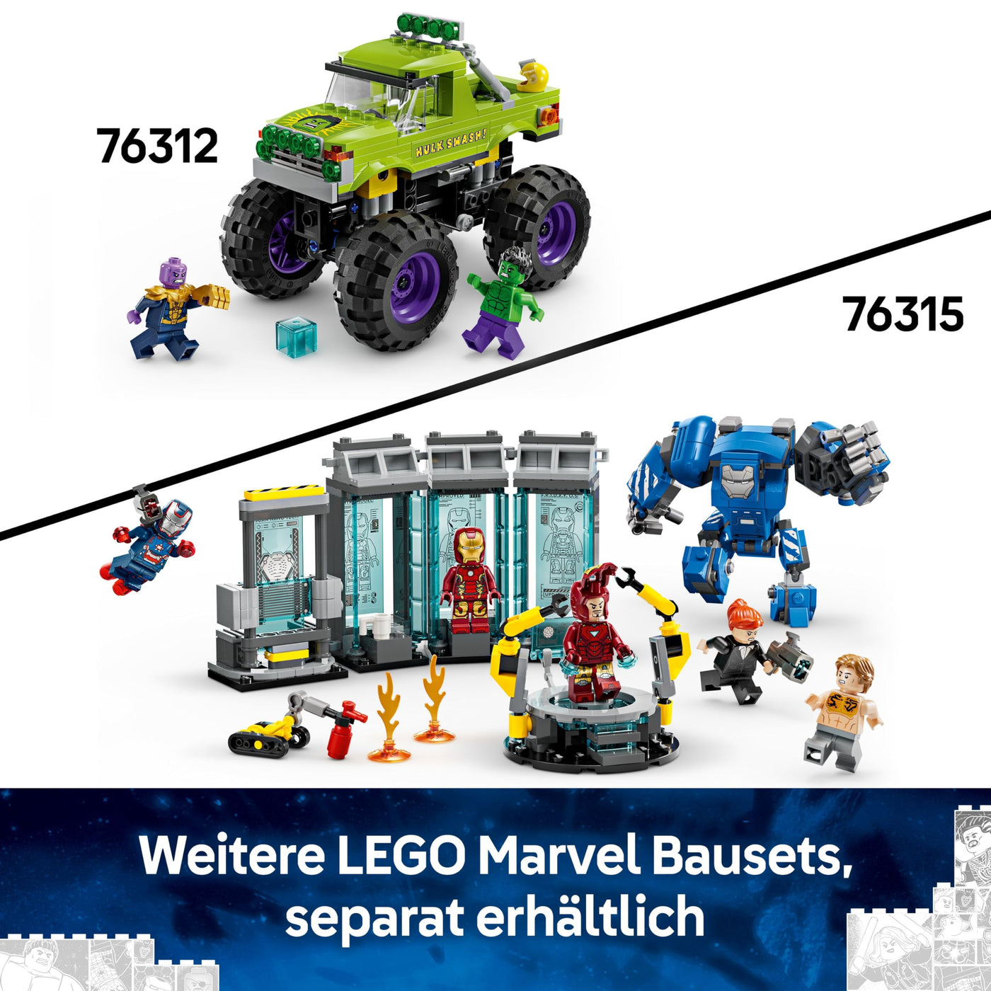 LEGO ǀ Marvel Hulk-Truck vs. Thanos - Superhelden-Bauspielzeug - Avengers-Fahrzeug und Minifiguren - Monstertruck für Mega-Spaß - Geschenk für Jungen und Mädchen ab 7 Jahren - 76312