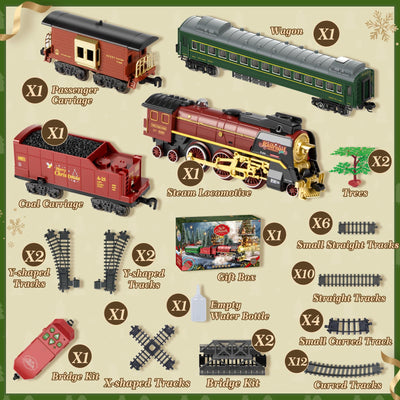 JONRRYIN Elektrische Zug Spielzeug, Eisenbahn Weihnachtsbaum Elektrisch, Weihnachtszug mit Schienen, Dampf, Licht & Sound, Dampfzug den Tannenbaum Geschenk für Kinder