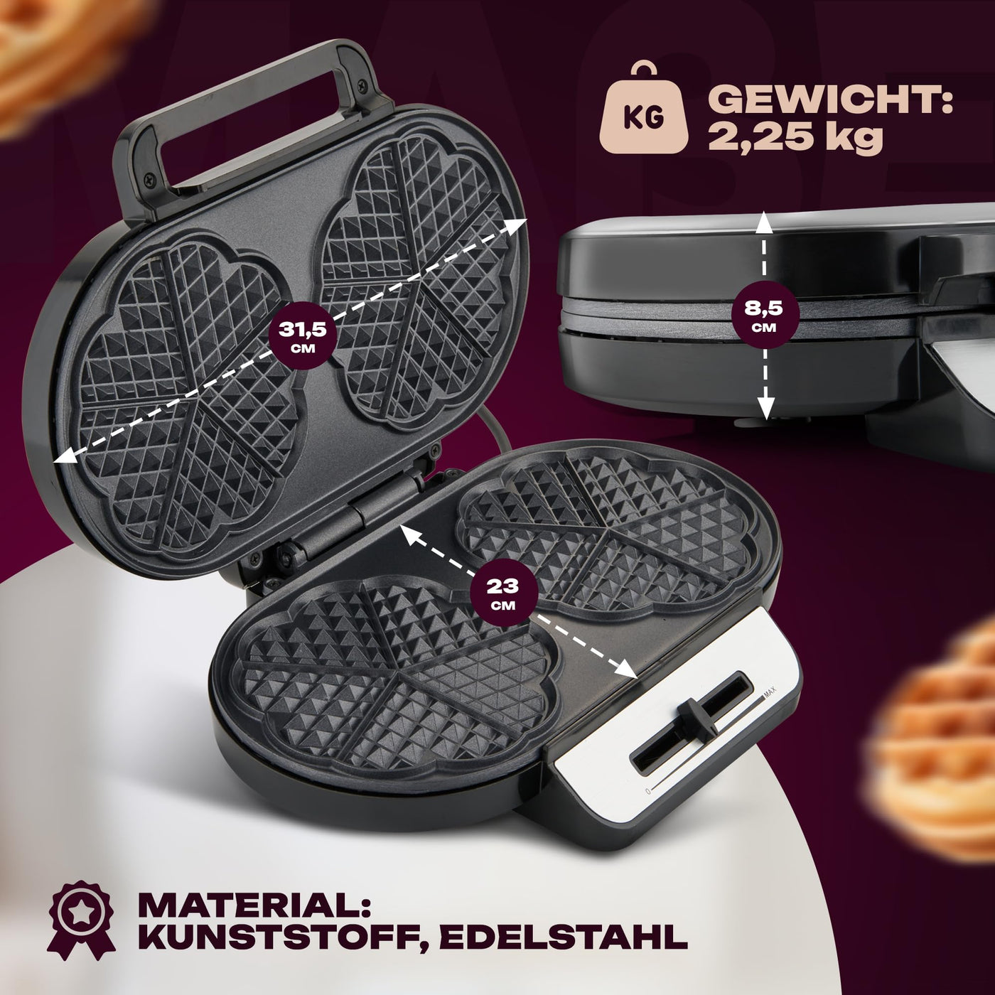 Clatronic Waffeleisen mit 2 antihaftbeschichteten Backflächen | Waffeleisen Herzform stufenlos einstellbarer Bräunungsgrad & Backampel | 2 Waffeln pro Backvorgang in wenigen Minuten | 1200W | WA 3745