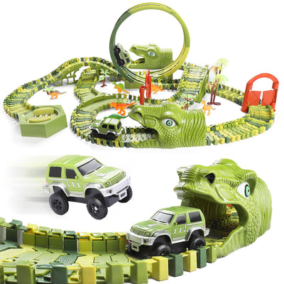 burgkidz Dinosaurier Rennstrecken Spielen Fahrzeuge Spielzeug Set, 387 Stück Flexible Dinos Bahngleise mit 360 Loop und Auto Turntable Spielset, 2 Rennwagen, Geschenk für Kinder ab 3 Jahren