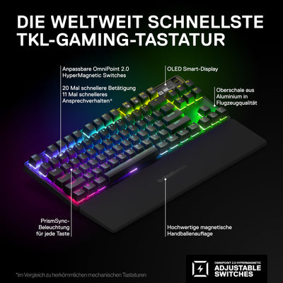 SteelSeries Apex Pro TKL Wireless HyperMagnetic Gaming-Tastatur – E-Sports TKL-Formfaktor – Anpassbares Ansprechverhalten – PBT-Keycaps – Bluetooth – 2,4 GHz– USB-C – Deutsches Tastatur (QWERTZ)