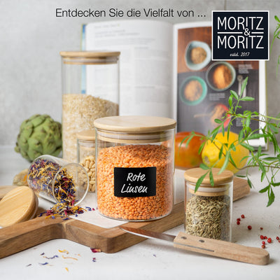 Moritz & Moritz 12 Gewürzgläser Set je 125ml - Gewürzdosen Glas inkl. Tafelsticker & Kreidestift – Luftdichte Gewürzgläser mit Bambusdeckel für Gewürze, Kräuter & Tee