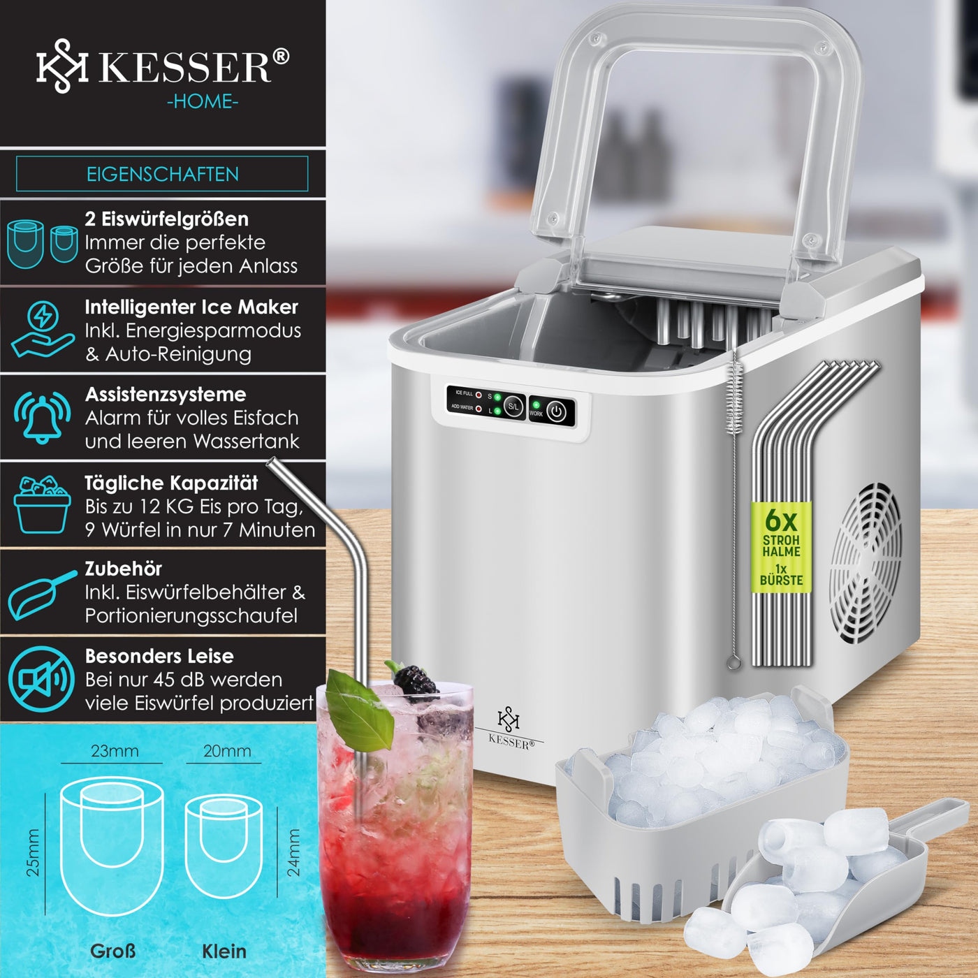 KESSER® Eiswürfelbereiter | Eiswürfelmaschine Edelstahl | Ice Maker | 12 kg 24 h | Zubereitung in 7 min | 2,2 Liter Wassertank | 2 Eiswürfel-Größen | LED-Display | Selbstreinigungsfunktion | Silber