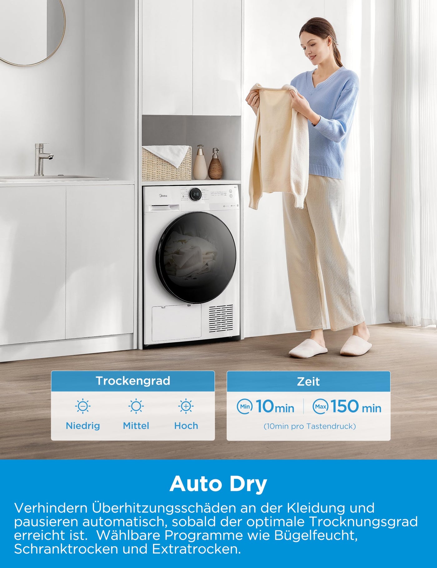 Midea MD20EH100WB-A3 Wärmepumpentrockner/ 10 kg/EEK A+++ / UV Hygience/Knitterschutz/Sanfte Pflege/Auto Dry/Wollpflege/Auffrischen/Fernsteuerung/Startzeitvorwahl/Weiß