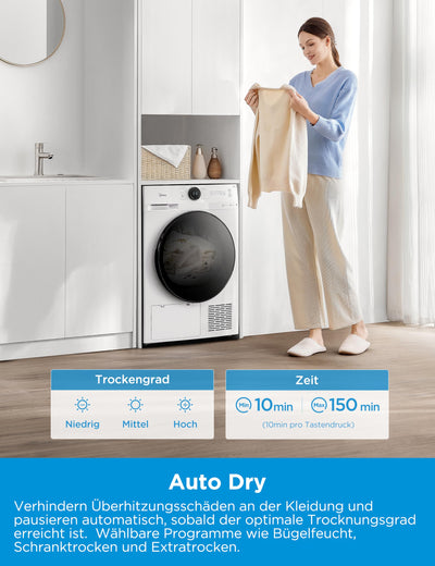 Midea MD20EH100WB-A3 Wärmepumpentrockner/ 10 kg/EEK A+++ / UV Hygience/Knitterschutz/Sanfte Pflege/Auto Dry/Wollpflege/Auffrischen/Fernsteuerung/Startzeitvorwahl/Weiß
