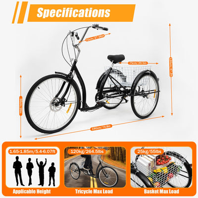 VonVVer 26 Zoll Dreirad für Erwachsene - 6 Gang Dreiräder Erwachsene mit Korb 110KG Last Höhenverstellbar 3 Räder Fahrrad Cityräder Cruise Einkaufsrad für Senioren Frauen Ältere (Schwarz)