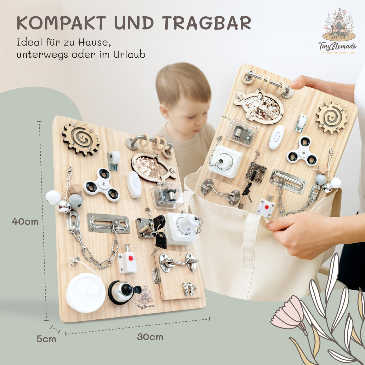 Tiny Nomads Montessori Busy Board motorikbrett ab 1 2 3 4 Jahr - Motorikboard für Baby Sensorik Activity Board holzspielzeug Autismus & ADHS geeignet