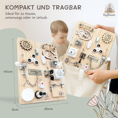 Tiny Nomads Montessori Busy Board motorikbrett ab 1 2 3 4 Jahr - Motorikboard für Baby Sensorik Activity Board holzspielzeug Autismus & ADHS geeignet