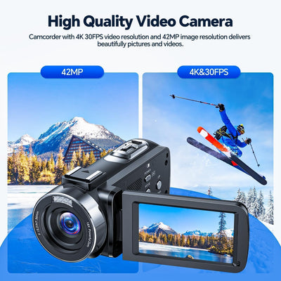 Videokamera 4K Camcorder, 42 MP Videorecorder für Vlogging YouTube 18X Digitalzoom 4K Webcam Camera mit 3-Zoll-Bildschirm um 270° drehbar Kompaktkamera für Reisen mit 2 Akkus, 32 GB-Karte, Fernbe
