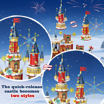 CUBIMANA Weihnachtsschloss-Achterbahn-Bausatz mit Lichtern – 2025 Schlossdorf-Achterbahn-Bausteine Haus Weihnachtsbaum Zug Weihnachtsmann-Spielset Geschenk Erwachsene Kinder Jungen Mädchen(1232Teile)