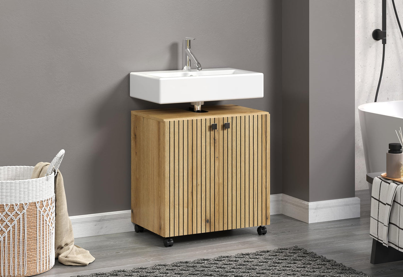trendteam smart living - Waschbeckenunterschrank Unterschrank auf Rollen - Badezimmer - PureBliss - Aufbaumaß (BxHxT) 60 x 64 x 42 cm - Farbe Evoke Eiche mit schwarzen Rillen - 233730342