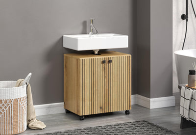 trendteam smart living - Waschbeckenunterschrank Unterschrank auf Rollen - Badezimmer - PureBliss - Aufbaumaß (BxHxT) 60 x 64 x 42 cm - Farbe Evoke Eiche mit schwarzen Rillen - 233730342