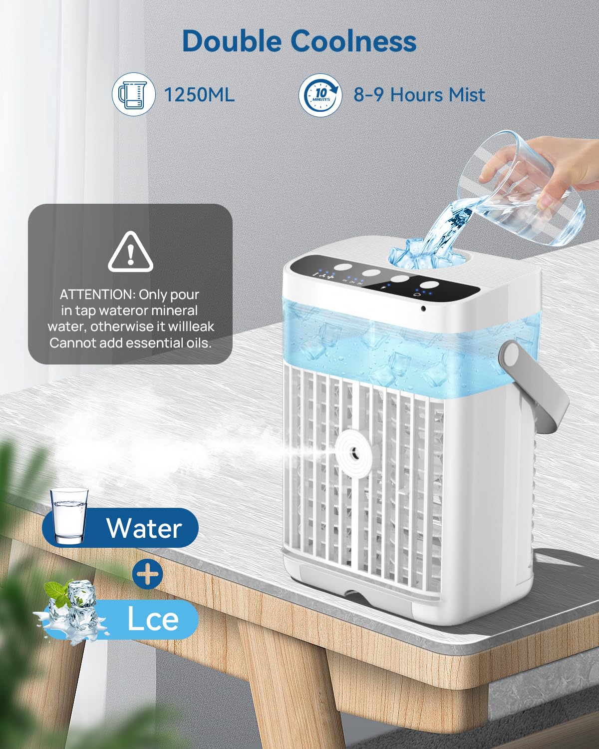 Mobile Klimaanlage, 1250ml Mini Klimaanlage, USB 4 in 1 Tragbare Mobile Klimagerät mit 1/2/3 H Timer, 3 Geschwindigkeiten & 3 Nebelmodi, 7 Farben Mini Luftkühler für Hause, Büro