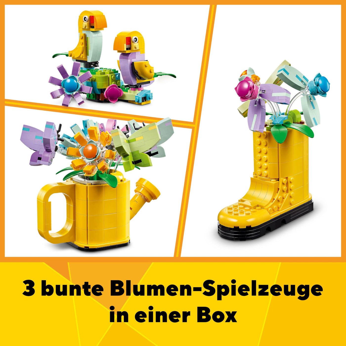 LEGO Creator 3in1 Gießkanne mit Blumen Set, Kinderzimmer-Deko, Baue eine Gießkanne mit Blumenstrauß, Gummistiefel oder 2 Spielzeug-Vögel, kreatives Geschenk für Mädchen und Jungen ab 8 Jahren 31149