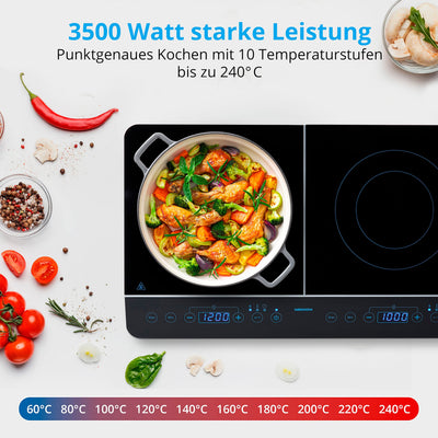 MEDION MD 15324 Doppel-Induktionskochplatte, 3500 Watt, Zwei Kochplatten, 10 Temperaturstufen, LED Display, schwarz