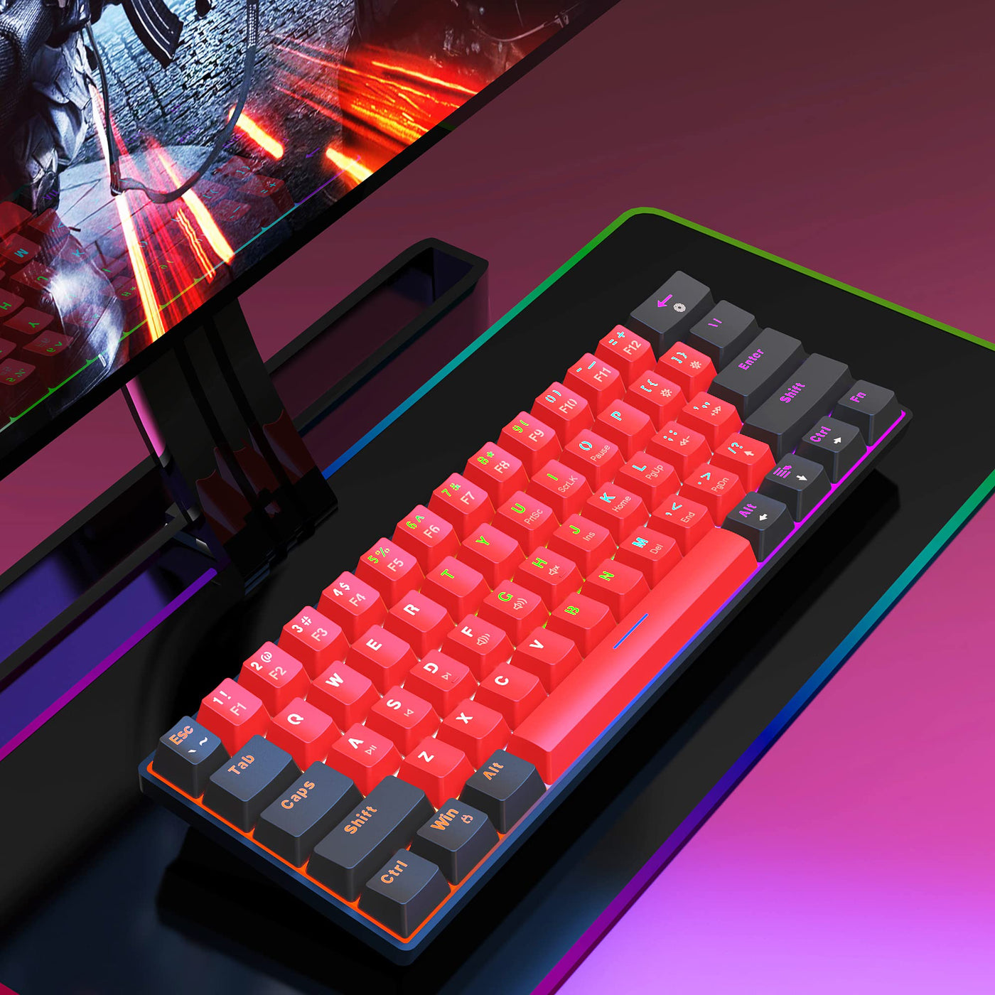 Snpurdiri 60% kabelgebundene mechanische Gaming-Tastatur, 61 Anti-Ghosting-Tasten, RGB-Hintergrundbeleuchtung, ultrakompakte Zwei Ständer (Blauer Schalter/Schwarz Rot)