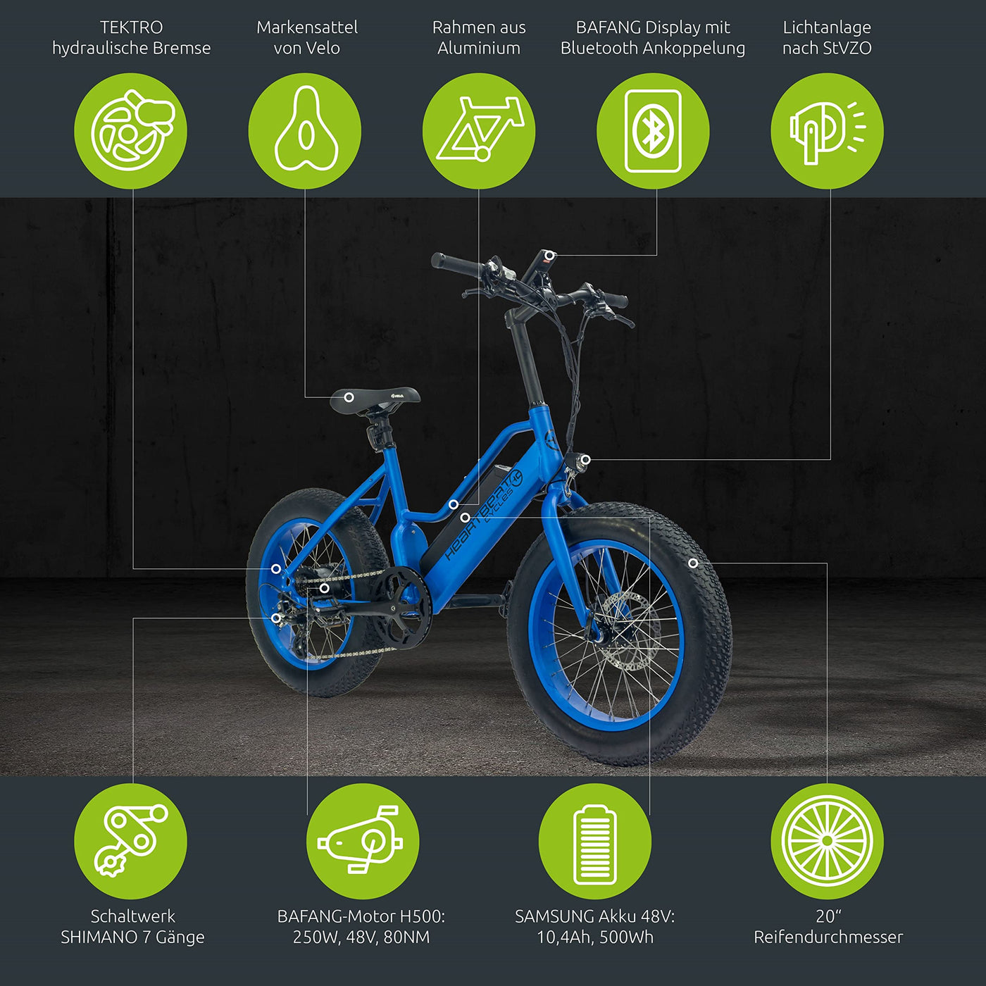 Highphoria Elektrofahrrad Kinder 20 Zoll, Fat Tire E-Bike für Kids, 25 km/h 100km E-Mountainbike Elektro Fahrrad mit 48V 250W Motor, 7-Gänge Pedelec (Blau/Blau)