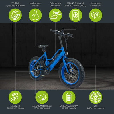 Highphoria Elektrofahrrad Kinder 20 Zoll, Fat Tire E-Bike für Kids, 25 km/h 100km E-Mountainbike Elektro Fahrrad mit 48V 250W Motor, 7-Gänge Pedelec (Blau/Blau)
