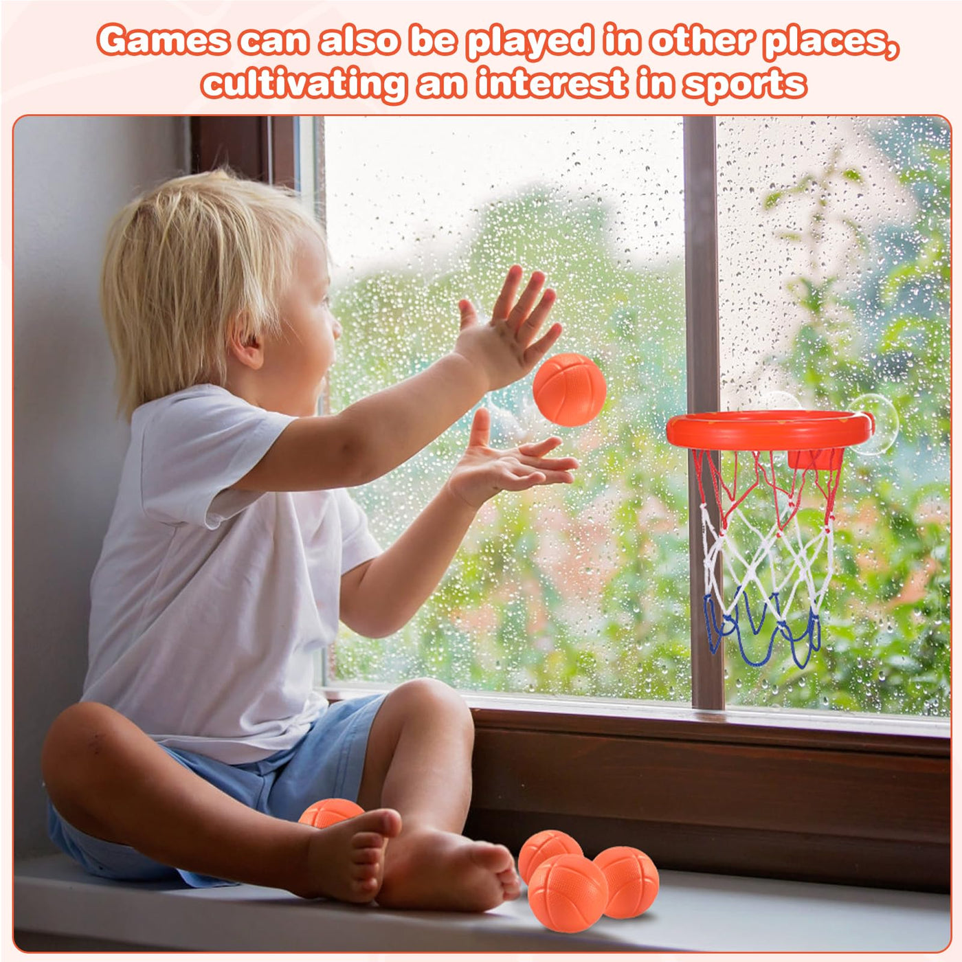 Baby Badewannenspielzeug:5 Bälle ohne Löcher + Basketballkorb mit starkem Saugnapf.Badespielzeug für Kleinkinder oder Kinder/Jungen oder Mädchen.Spielzeug-Set für Wohnzimmer,Badezimmer,Schlafzimmer