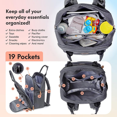 Wickeltasche Rucksack - Dikaslon Großer Wickelrucksack mit Multifunktions-Babytaschen und mobiler Wickelauflage - Schnullerhalter und Kinderwagengurte - für Mama und Papa (dunkelgrau), Einheitsgröße