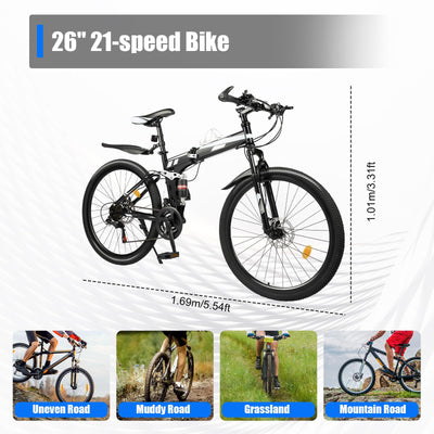 KLOOLIVE Mountainbike Faltrad 21 Gang 26 Zoll Klapprad Erwachsene Fahrrad Verstellbares MTB mit Scheibenbremse Warnlicht Schwarz