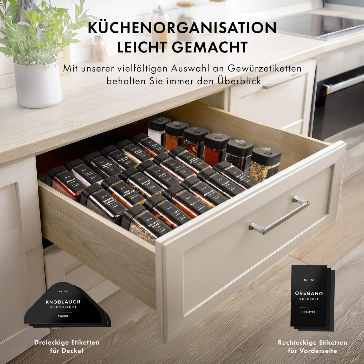 EDELHAUS Gewürzgläser Eckig Set mit Streueinsatz Deckel (24 x 120ml) Gewürzstreuer mit 240 Etiketten Schwarz - Hochwertige Gewürzbehälter, Gewürzdosen