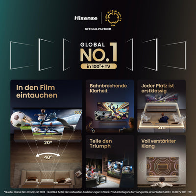Hisense 100U7KQ (100 Zoll) Fernseher 4K Mini LED ULED HDR Smart TV, Quantum Dot, 144Hz, HDMI 2.1, Game Mode Pro, Dolby Vision IQ & Atmos, Bluetooth, Alexa Built-in, Anthrazit