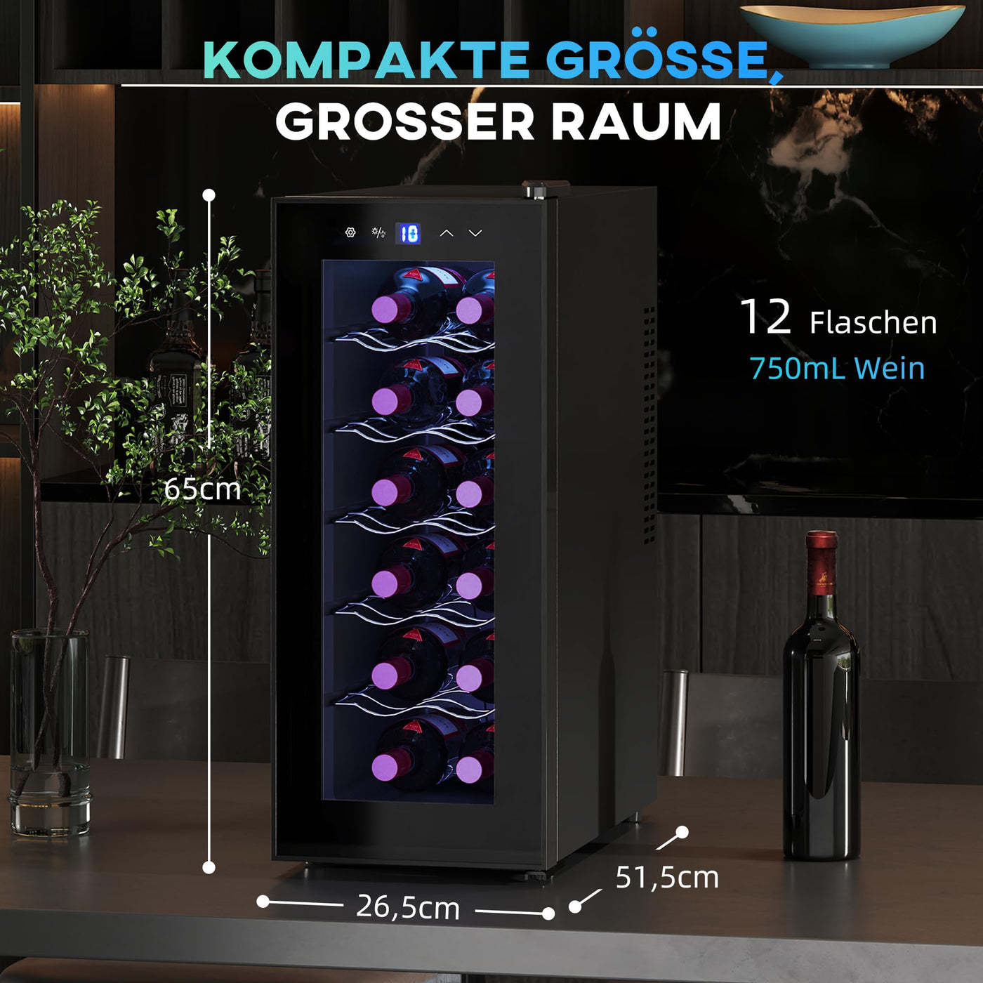 HOMCOM Weinkühlschrank 12 Flaschen 30L 8-18℃ Doppelt Thermoelektrisch Flaschenkühlschrank mit Glastür, Getränkekühlschrank mit LED-Leuchte, Kleiner Weinschrank mit Touch-Screen Schwarz