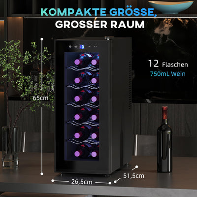 HOMCOM Weinkühlschrank 12 Flaschen 30L 8-18℃ Doppelt Thermoelektrisch Flaschenkühlschrank mit Glastür, Getränkekühlschrank mit LED-Leuchte, Kleiner Weinschrank mit Touch-Screen Schwarz