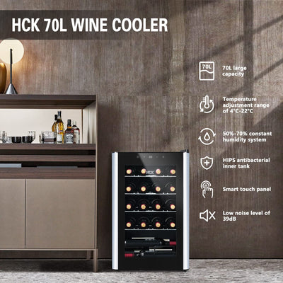 HCK 70L Weinkühlschrank für 24 Flaschen, 4-22°C Weinkühlschränke Flaschenkühlschrank, Getränkekühlschrank mit Glastür, Geräuscharmer Weinschrank, Frostfreie Glastür, Vollglas-Touchpanel, Schwarz