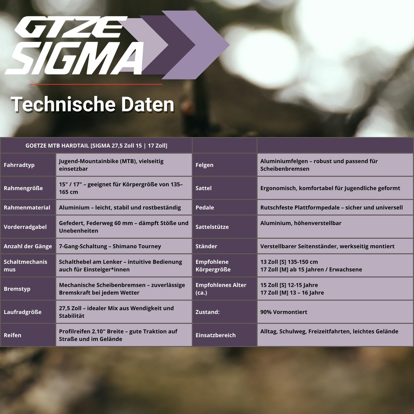 Goetze Sigma 27,5 x 2.10 Zoll Fahrrad für Jugendliche & Erwachsene | MTB Hardtail | 7-Gang Kettenschaltung| Mechanische Scheibenbremsen | Aluminiumrahmen 17" | Federgabel | ab 165 cm Körpergröße