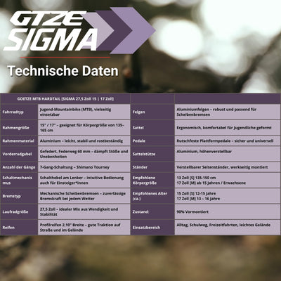 Goetze Sigma 27,5 x 2.10 Zoll Fahrrad für Jugendliche & Erwachsene | MTB Hardtail | 7-Gang Kettenschaltung| Mechanische Scheibenbremsen | Aluminiumrahmen 17" | Federgabel | ab 165 cm Körpergröße
