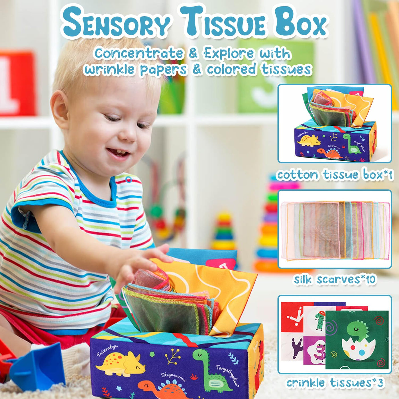 5 in 1 Baby Spielzeug ab 6 9 12 Monate, Montessori Spielzeug Baby, Motorikspielzeug, Stapelspielzeug Blöcken, Tissue Box, Quetsch Bälle Babyspielzeug ab 6 Monate,Geschenk Junge Mädchen 1 Jahr