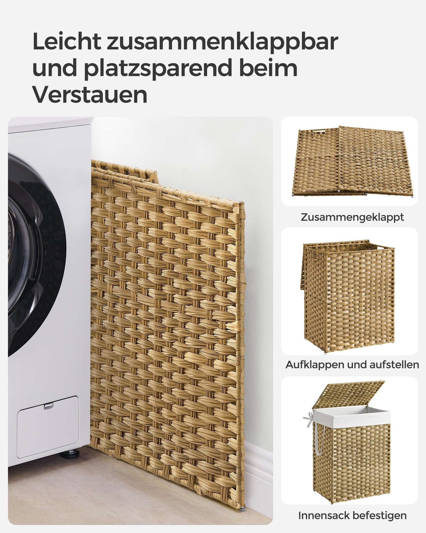 SONGMICS Wäschekorb 90 Liter, handgeflochten, Wäschesammler aus synthetischem Rattan, mit Deckel und Griffen, faltbar, Wäschesack herausnehmbar, naturfarben LCB51NL
