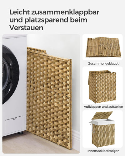 SONGMICS Wäschekorb 90 Liter, handgeflochten, Wäschesammler aus synthetischem Rattan, mit Deckel und Griffen, faltbar, Wäschesack herausnehmbar, naturfarben LCB51NL