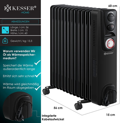 KESSER® Ölradiator Elektrische Heizung mit 13 Rippen 2500W Öl Radiator Elektroheizung Mobil Timer Lüfter Abschaltautomatik stufenlose Temperaturregelung Überhitzungsschutz, Zwangsluft Schwarz