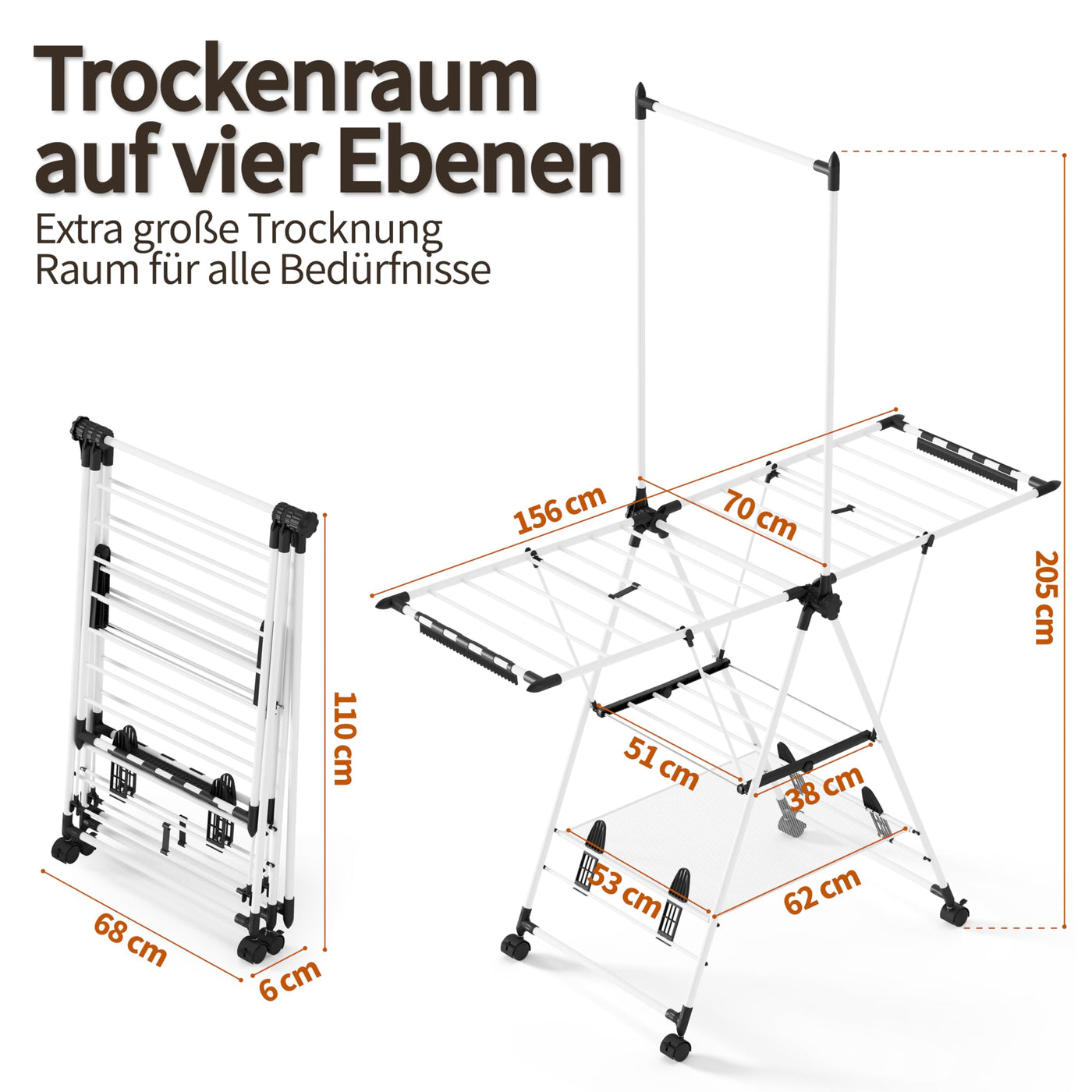 SYKIARIOL Wäscheständer mit hoch hängenden Kleiderbügeln, 2 Etagen Zusammenklappbarer Flügelwäschetrockner für platzsparende Aufbewahrung, Wäscheständer klappbar mit höhenverstellbaren Gullwings