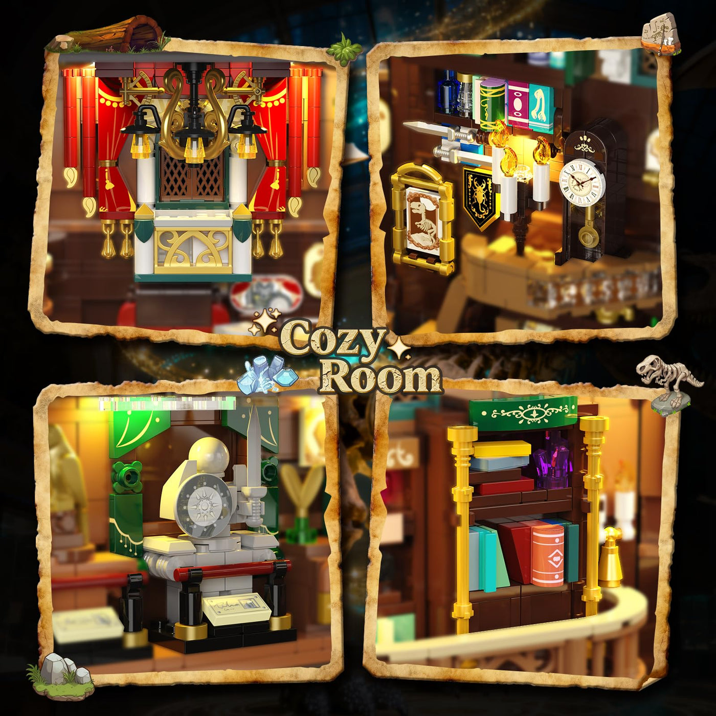 INSOON Dinosauriermuseum Book Nook Bauspielzeugset mit Licht, DIY Booknook Klemmbausteine Baustein Set Haus Dekor, 1500 Stück Miniatur Haus Bauset Geschenk für Erwachsene Kinder Mädchen Jungen 12+