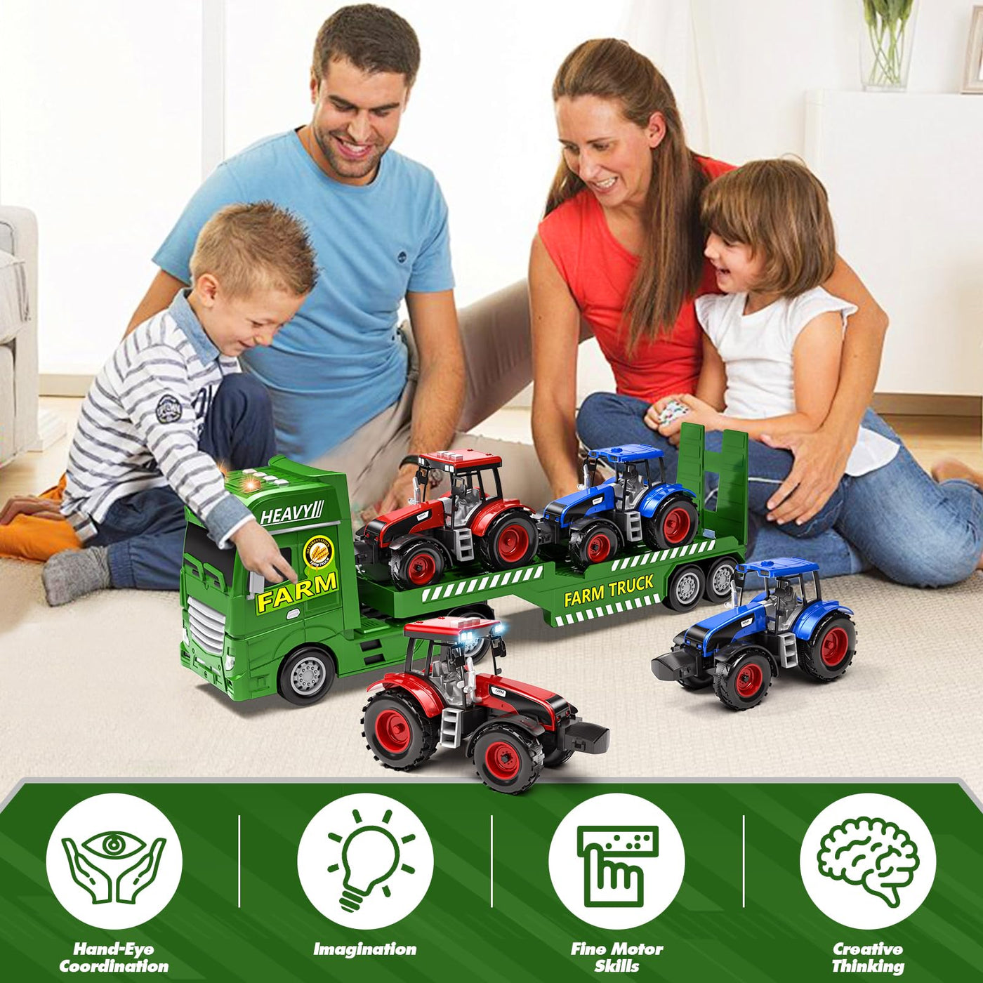 Tacobear Traktor Spielzeug mit Anhänger, Großer Bauernhof Traktor mit Licht und Sound Auto Transporter LKW Spielzeug Trecker Fahrzeuge Kinder Spielzeug ab 3 4 5 6 Jahre Junge Geschenk