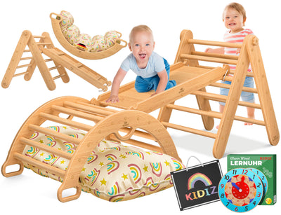 Kidiz® Klettergerüst Montessori 7in1 Spiel-Set mit Kletterbogen Rutsche Kletterdreieck aus Holz inklusive Kissen, Tafel & Lern-Uhr | Indoor Spielplatz für Kleinkinder ab 1 Jahr & Kinder bis 3 Jahre
