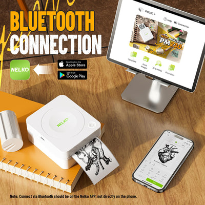 Nelko Mini Drucker PM230 Aufkleber Drucker Fotodrucker mit 3 Rollen Etiketten für Smartphone Thermodrucker Bluetooth Etikettendrucker für DIY Erstellung, Studiennotizen, (Weiß)