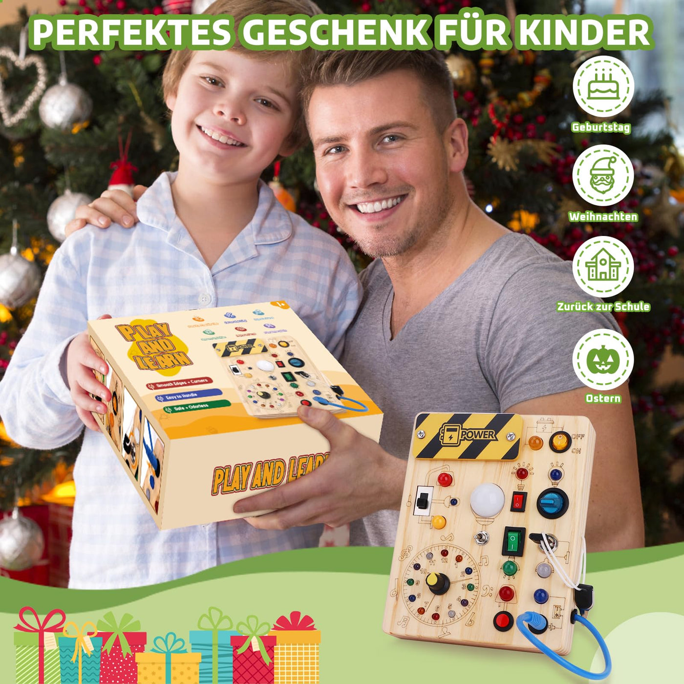 Konijiwa Montessori Spielzeug ab 1 Jahr Busy Board Activity Board Spielzeug ab 2 Jahre Holzspielzeug mit 10 Schalter 23 LED-Leuchten Spielzeug Sensory Learning Toys für 1 2 3 Jahre Jungen und Mädchen