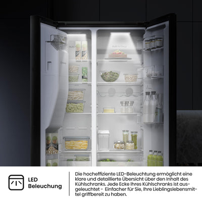 Hisense RS5P535NTFE Side-By-Side Kühl-Gefrier-Kombination, 376 Liter Kühlteil, 190 Liter Gefrierteil, Total NoFrost, Multi AirFlow, FastFreeze, Energieeffizienzklasse E, 178,6cm x 91,5cm, schwarz