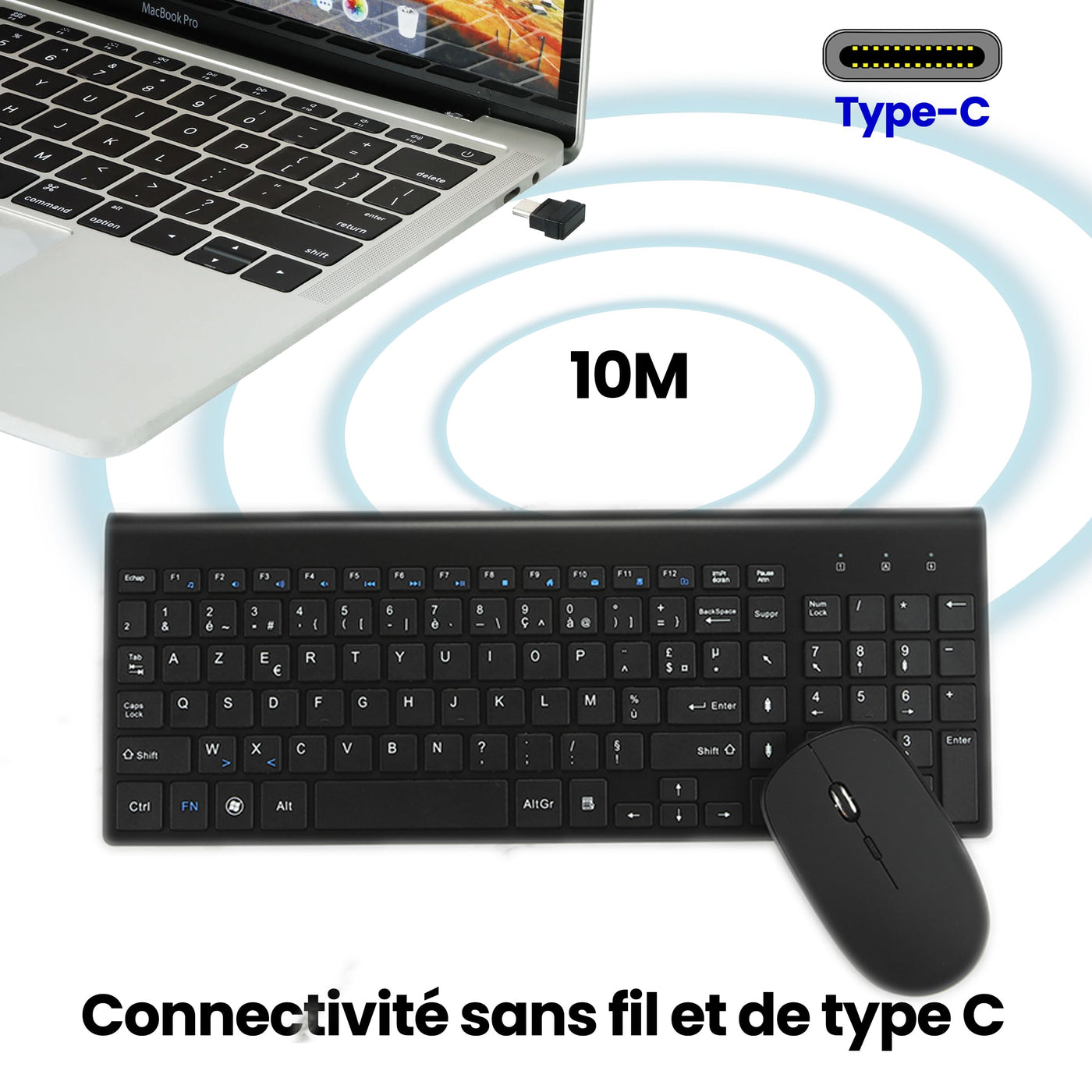 Kombination aus kabelloser Tastatur und Maus, USB C, Tastatur und Maus, volle Größe, Typ C, kompatibel mit Win 7/8/10, MacBook Pro/Air, Laptop, PC